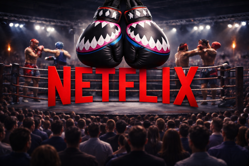 Gants de boxe suspendus au-dessus d'un ring avec le logo Netflix en rouge et des boxeurs en combat