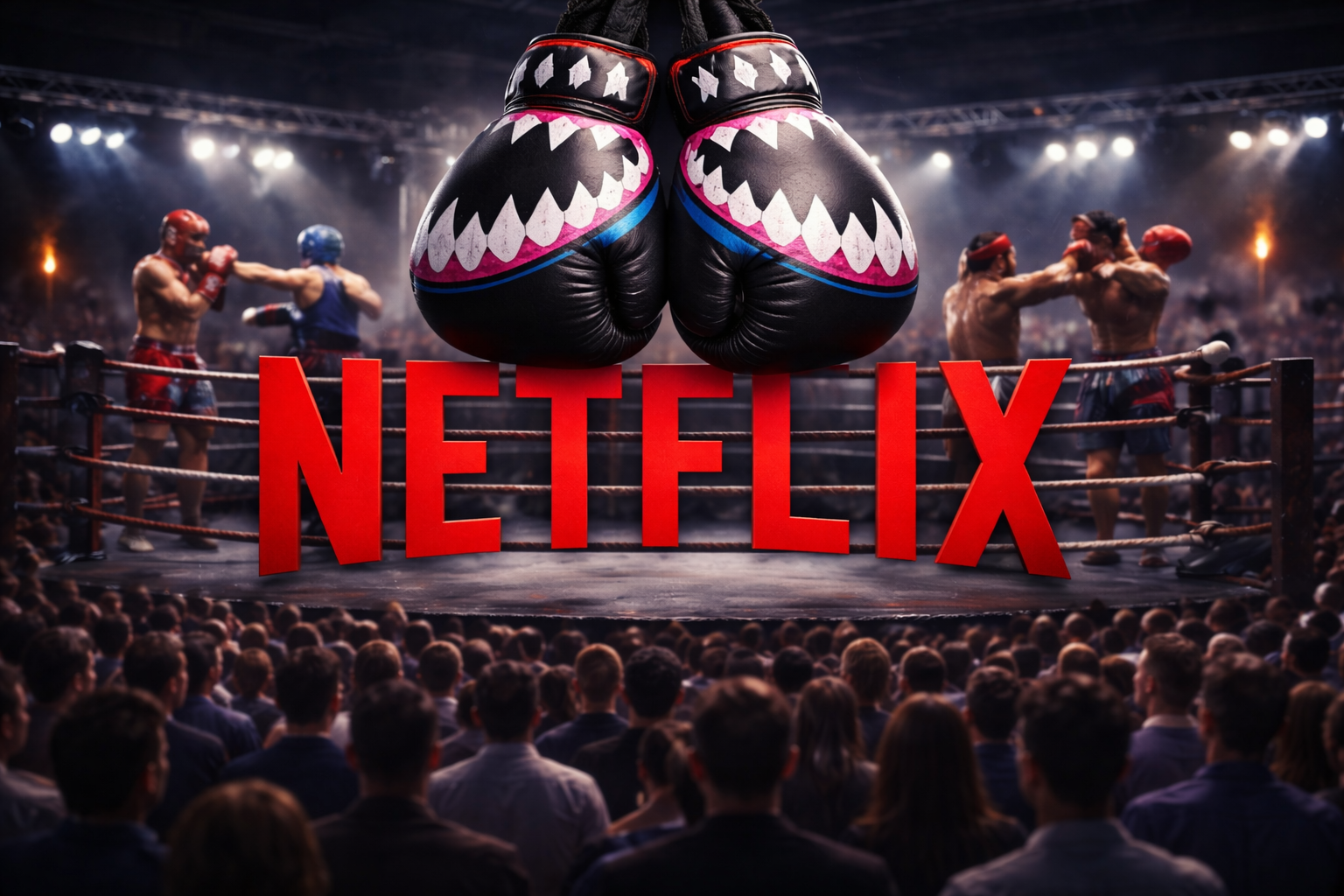 Gants de boxe suspendus au-dessus d'un ring avec le logo Netflix en rouge et des boxeurs en combat