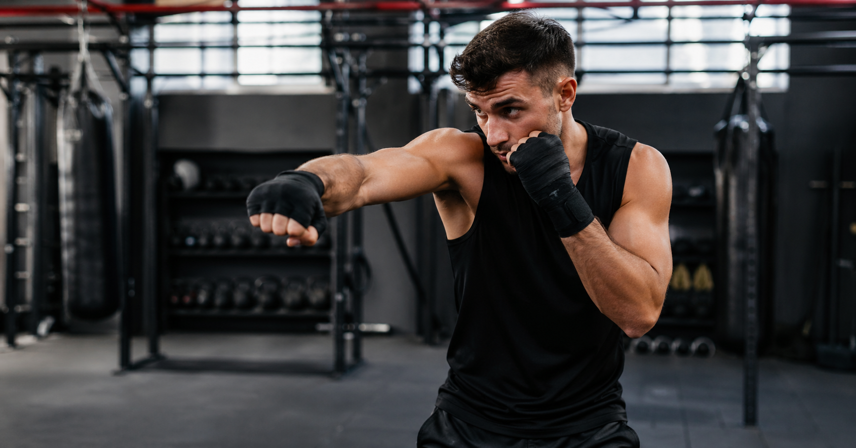 Boxeur solo effectuant des exercices solo boxe sur sac de frappe pour améliorer sa technique et sa puissance